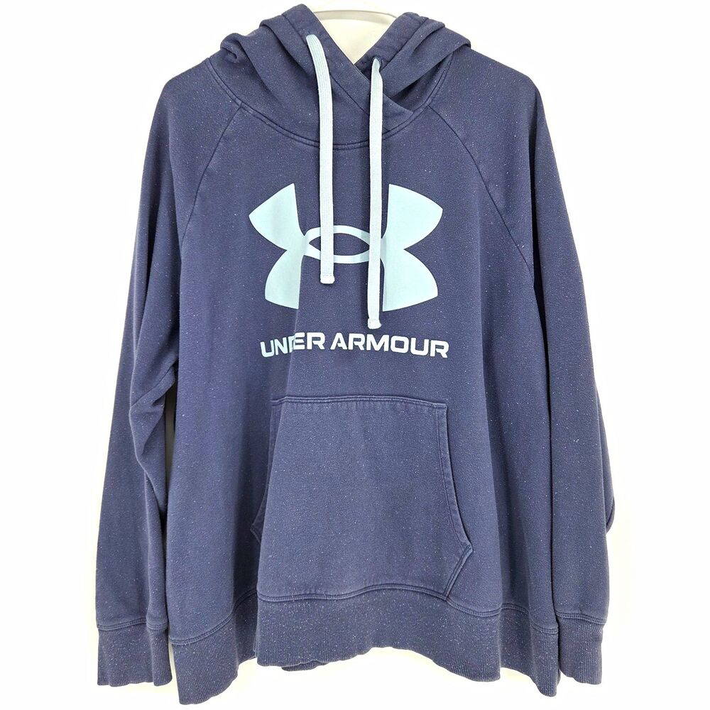 Under Armour Womens 2XL Speckled Blue Loose Pullover Fleece Hoodie Logo Pockets